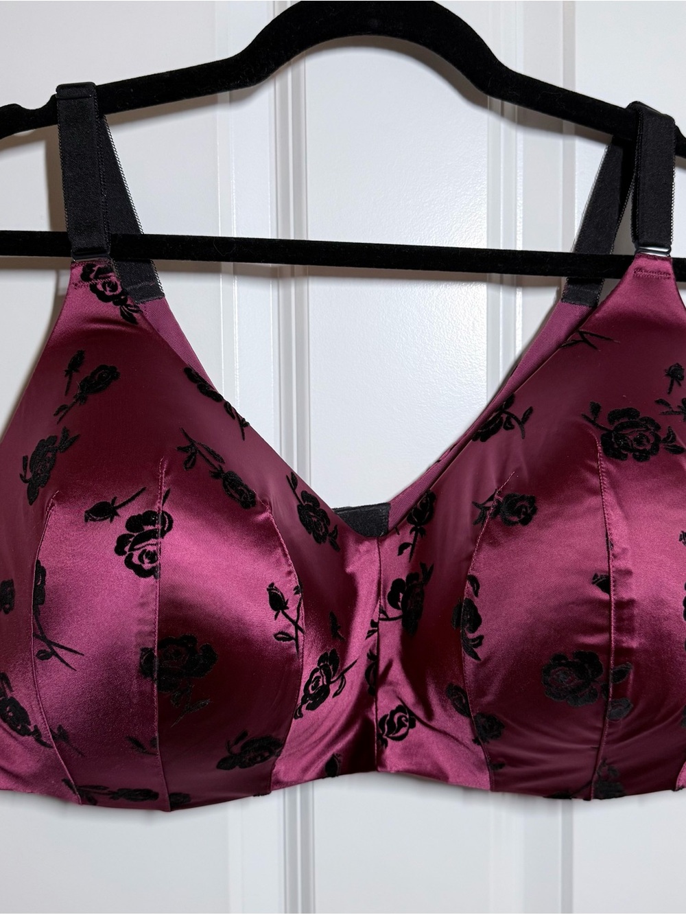 Torrid Satin Floral Bra in Wine with Black Rose Accents